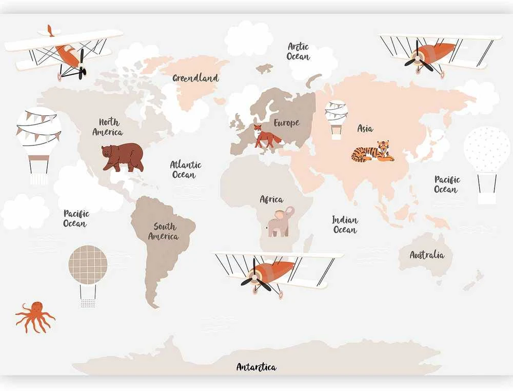 Artgeist Fototapetas - Map in Shades of rusvai gelsvas - Continents With Animals