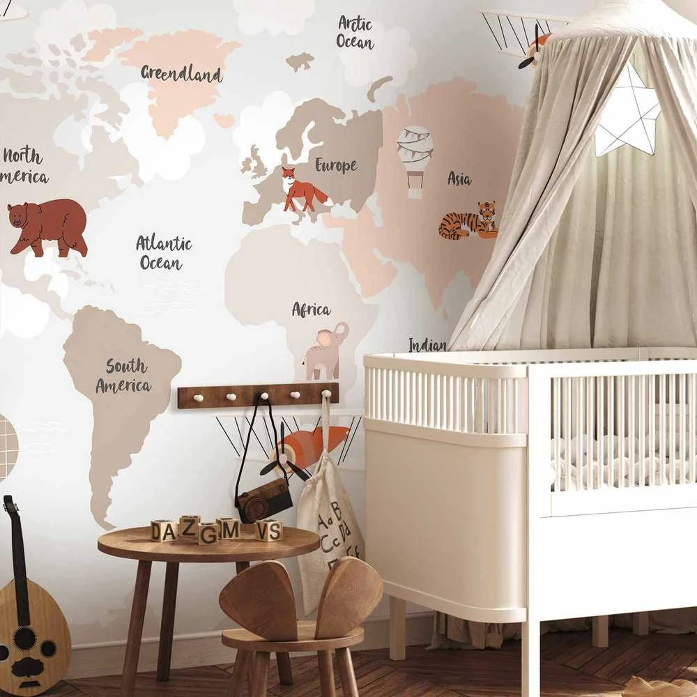 Artgeist Fototapetas - Map in Shades of rusvai gelsvas - Continents With Animals