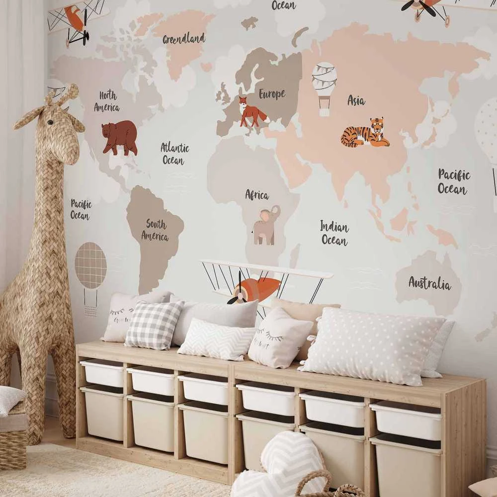 Artgeist Fototapetas - Map in Shades of rusvai gelsvas - Continents With Animals