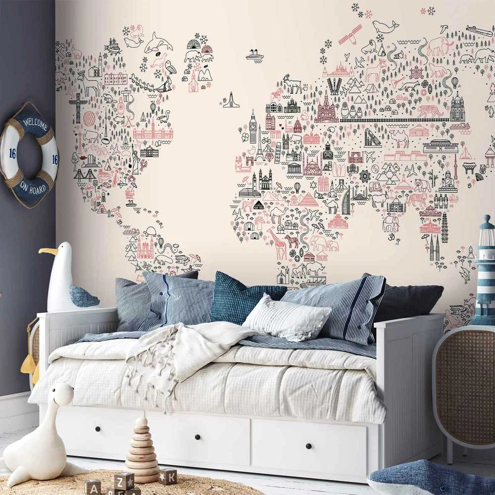 Artgeist Fototapetas - Map With Icons - Cartoon Representation of the World in Pastel Colours