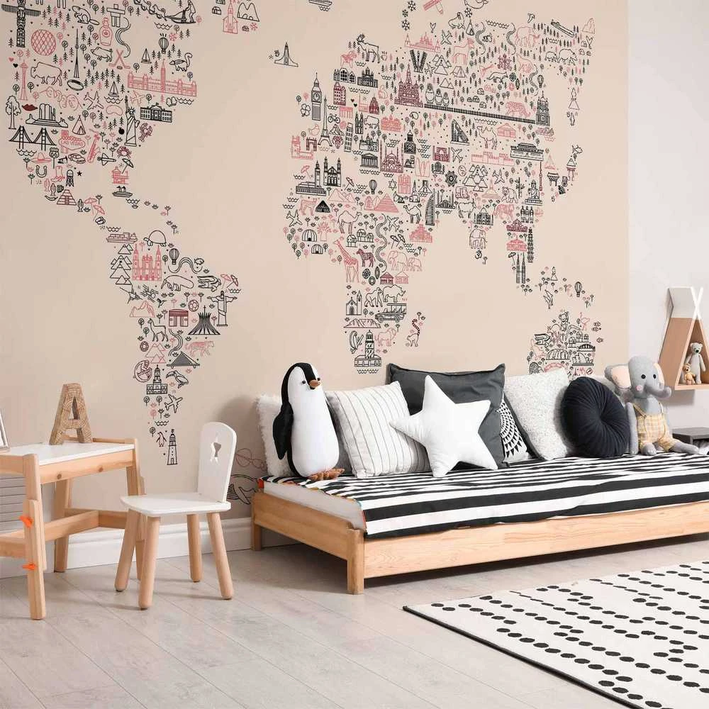 Artgeist Fototapetas - Map With Icons - Cartoon Representation of the World in Pastel Colours