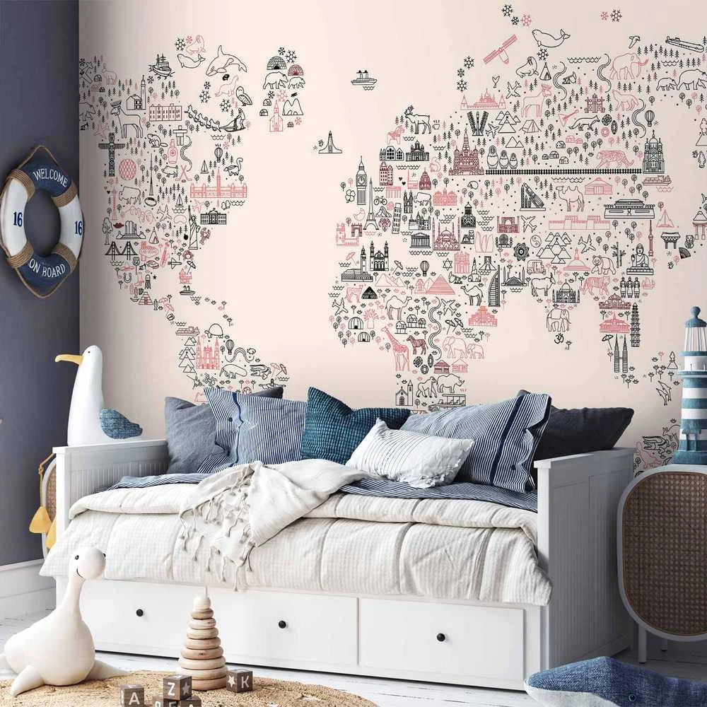 Artgeist Fototapetas - Map With Icons - Cartoon Representation of the World in Pastel Colours