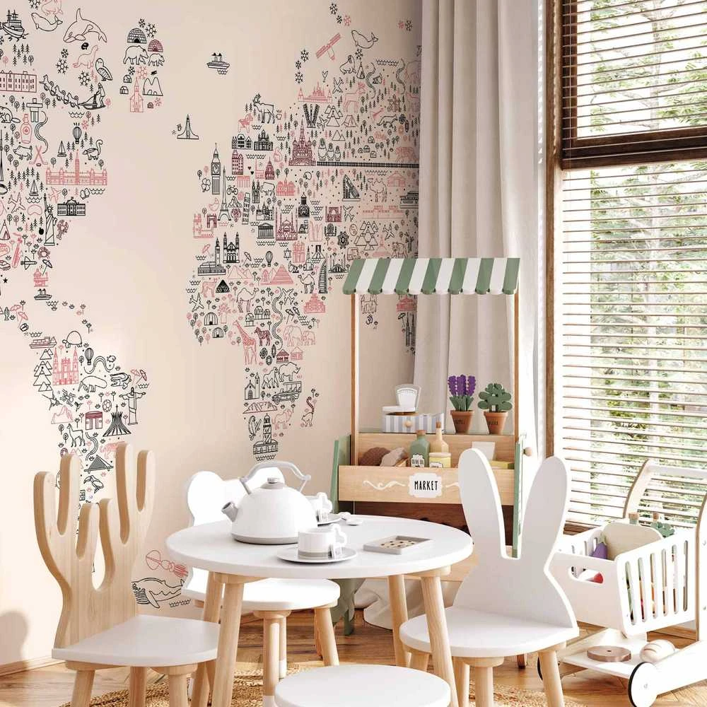 Artgeist Fototapetas - Map With Icons - Cartoon Representation of the World in Pastel Colours