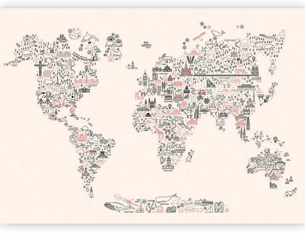 Artgeist Fototapetas - Map With Icons - Cartoon Representation of the World in Pastel Colours