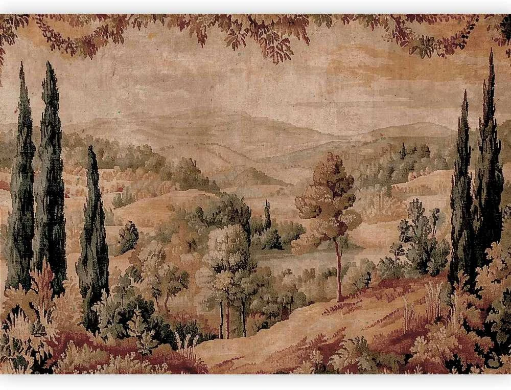 Artgeist Fototapetas - Mediterranean landscape - old tapestry with a hill and a lake