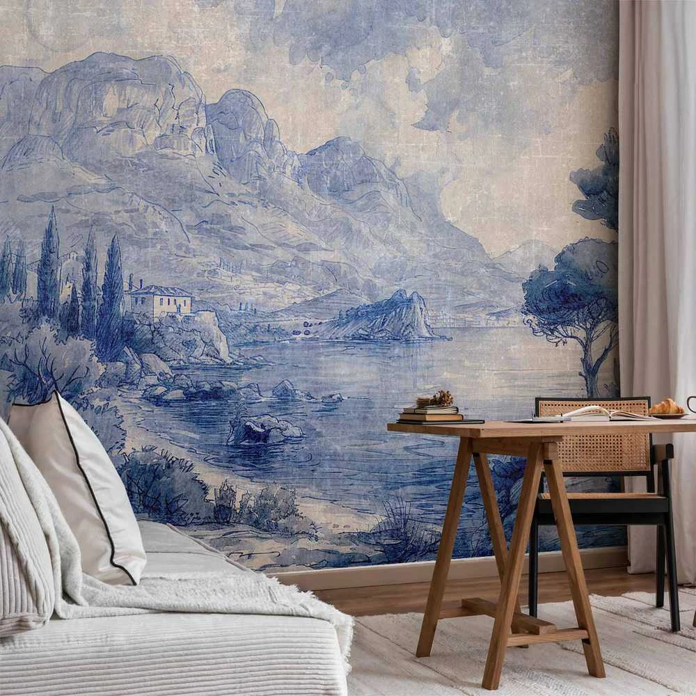 Artgeist Fototapetas - Mėlyna Bay - Italian landscape of Lake Como painted with mėlynas ink