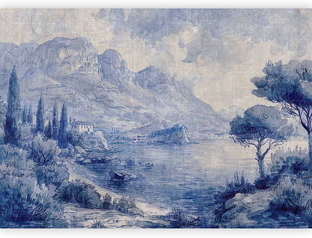 Artgeist Fototapetas - Mėlyna Bay - Italian landscape of Lake Como painted with mėlynas ink