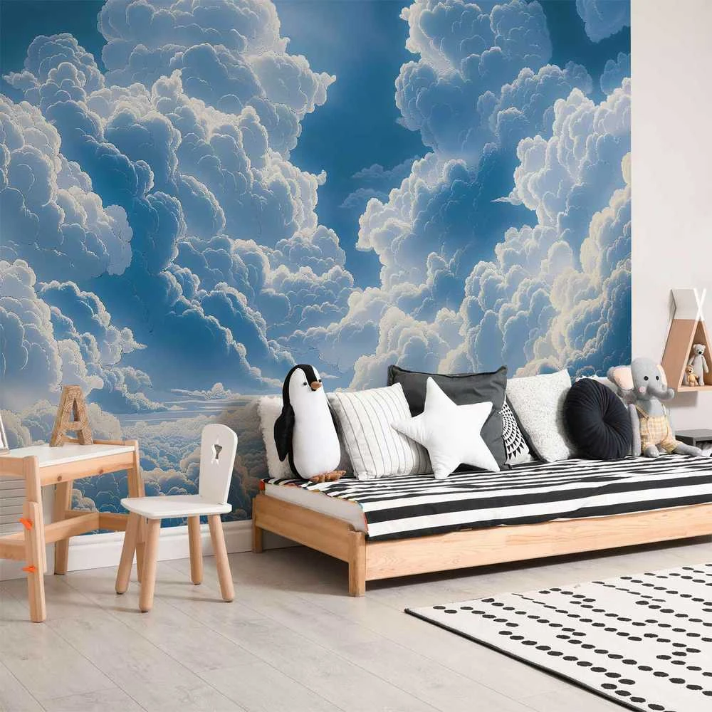 Artgeist Fototapetas - Mėlyna Sky Breaking Through Baltas Fluffy Clouds