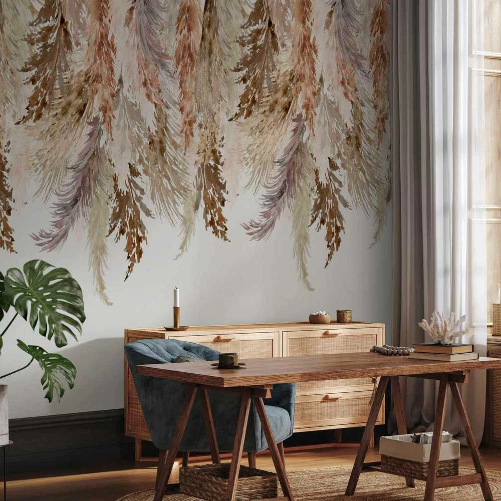 Artgeist Fototapetas - Minimalist boho landscape - dangling leaves in beige colours