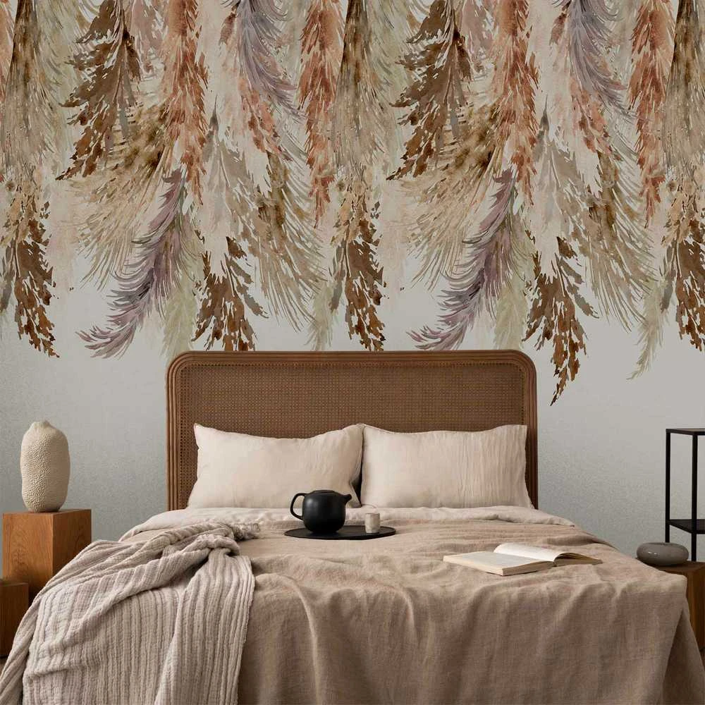 Artgeist Fototapetas - Minimalist boho landscape - dangling leaves in beige colours