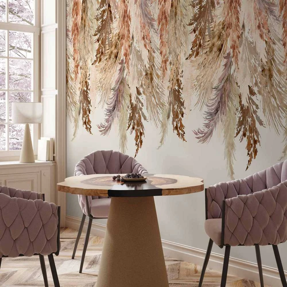 Artgeist Fototapetas - Minimalist boho landscape - dangling leaves in beige colours