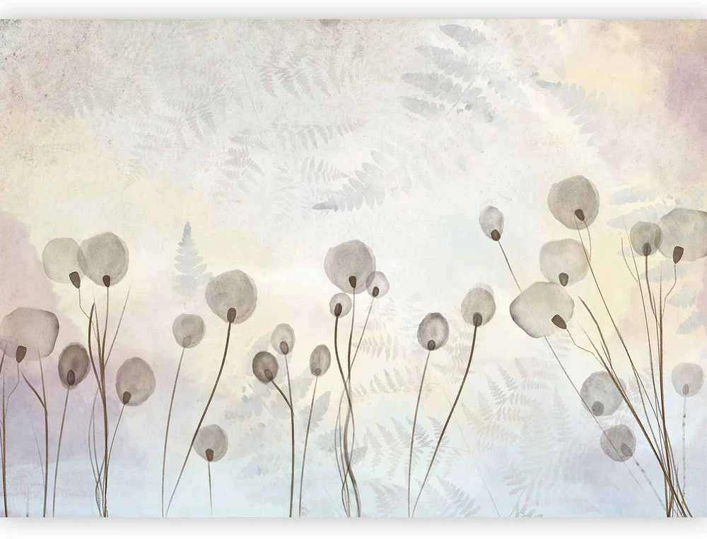 Artgeist Fototapetas - Minimalist meadow - floral motif in light shades with reflections