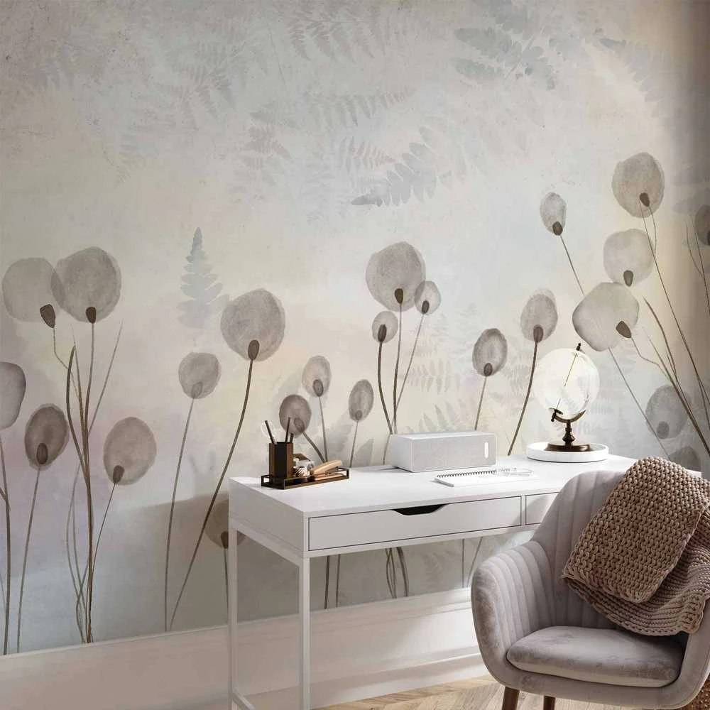 Artgeist Fototapetas - Minimalist meadow - floral motif in light shades with reflections