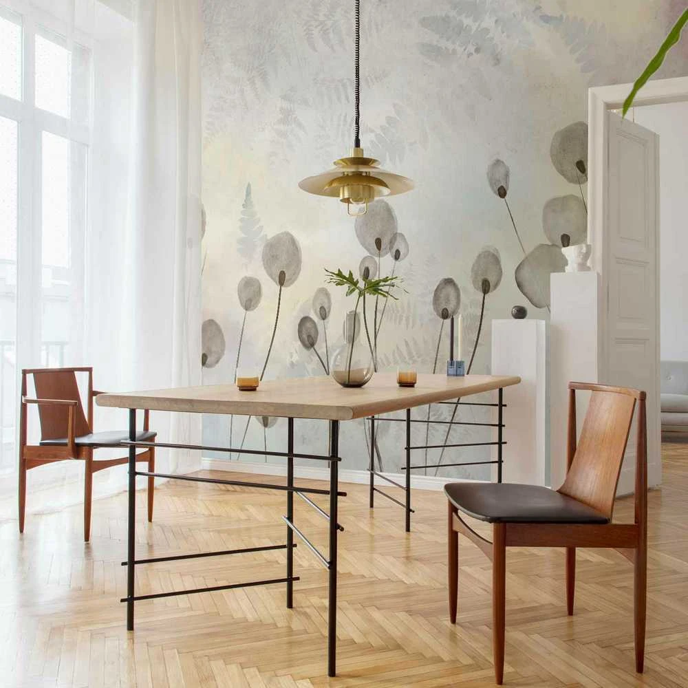 Artgeist Fototapetas - Minimalist meadow - floral motif in light shades with reflections