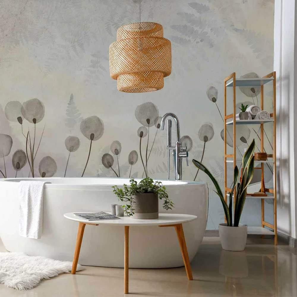Artgeist Fototapetas - Minimalist meadow - floral motif in light shades with reflections