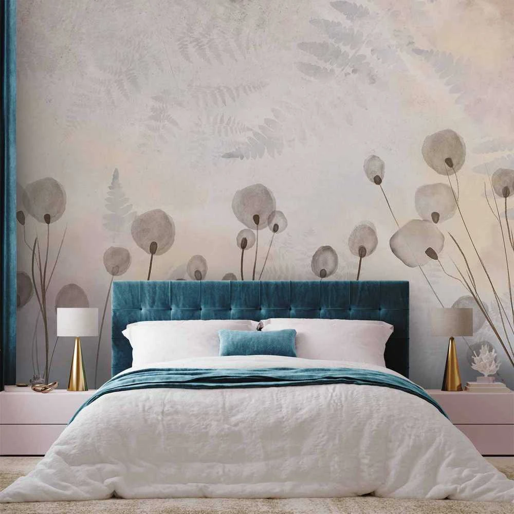Artgeist Fototapetas - Minimalist meadow - floral motif in light shades with reflections