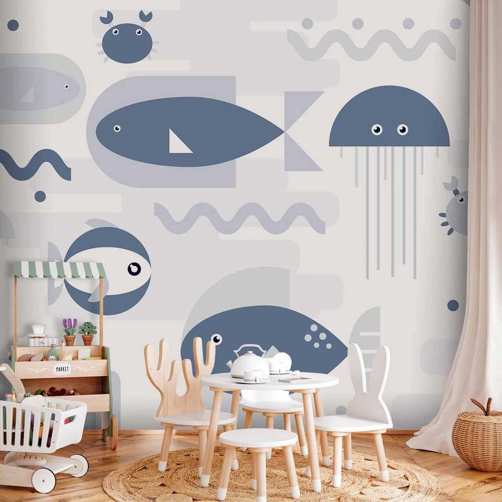 Artgeist Fototapetas - Minimalist ocean - geometric fish and crabs in water for kids