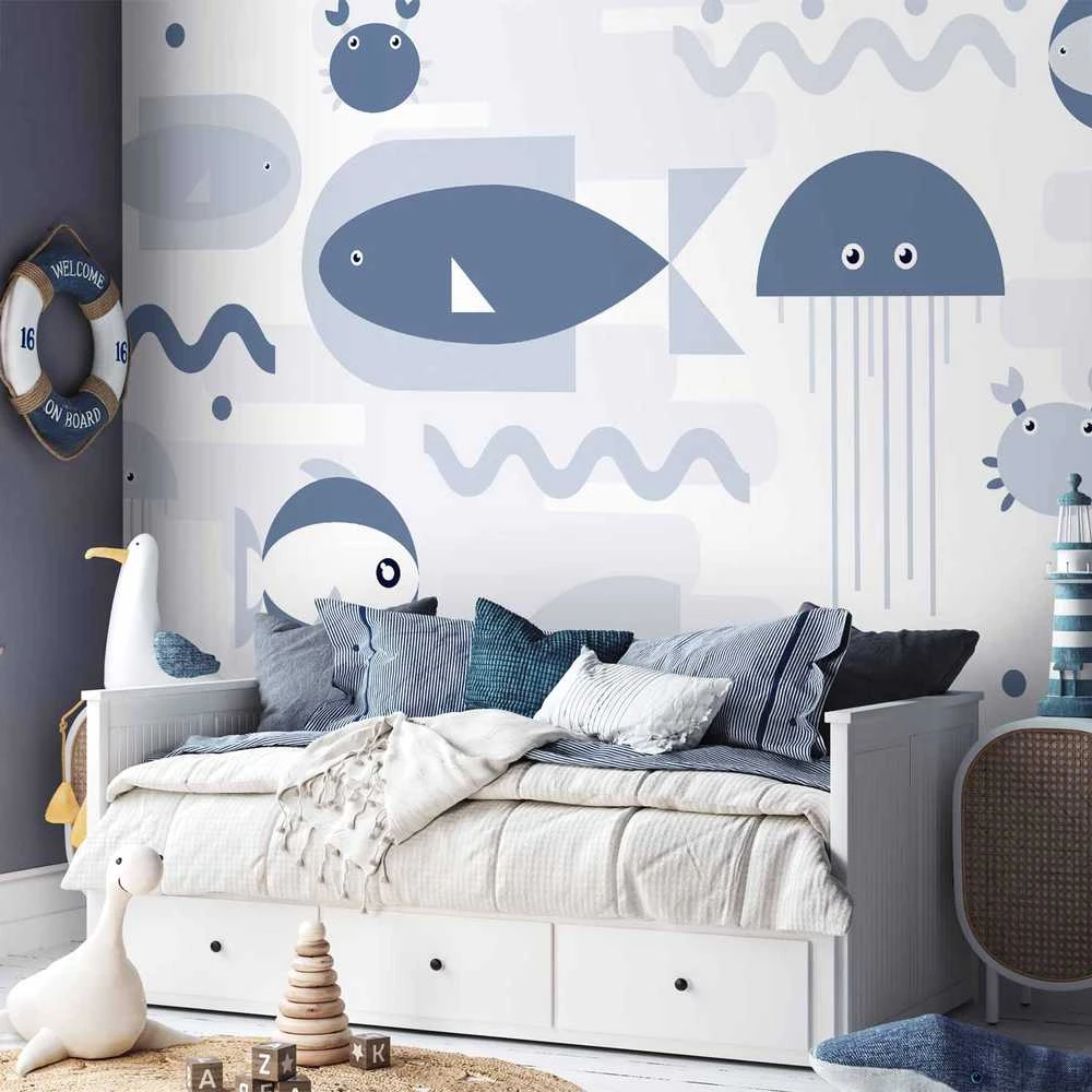 Artgeist Fototapetas - Minimalist ocean - geometric fish and crabs in water for kids