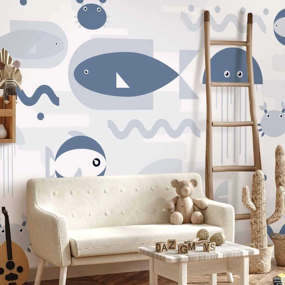 Artgeist Fototapetas - Minimalist ocean - geometric fish and crabs in water for kids