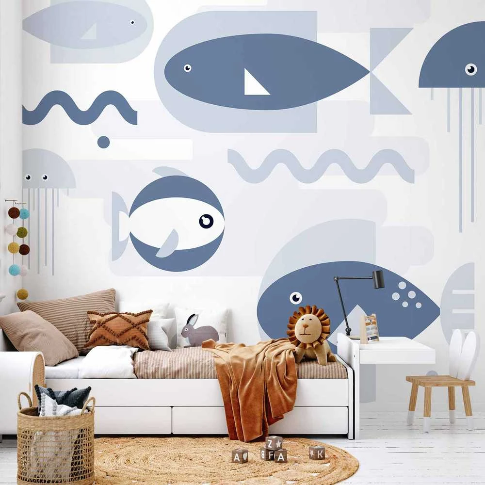 Artgeist Fototapetas - Minimalist ocean - geometric fish and crabs in water for kids