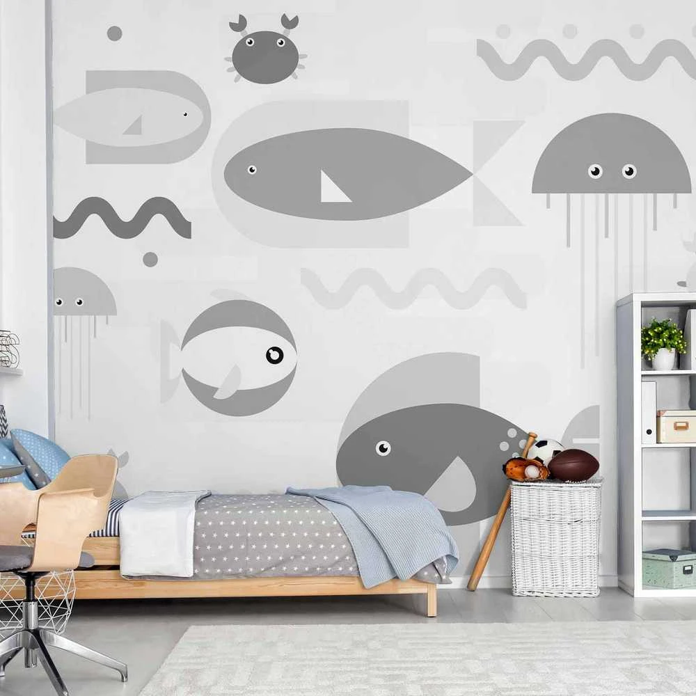 Artgeist Fototapetas - Minimalist pilkas ocean - geometric fish in water for children
