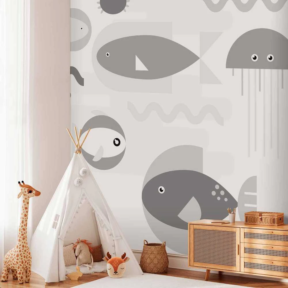 Artgeist Fototapetas - Minimalist pilkas ocean - geometric fish in water for children