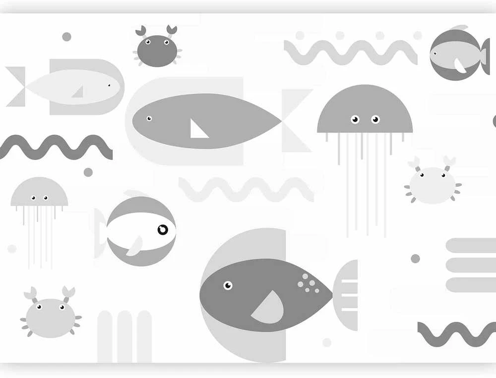 Artgeist Fototapetas - Minimalist pilkas ocean - geometric fish in water for children