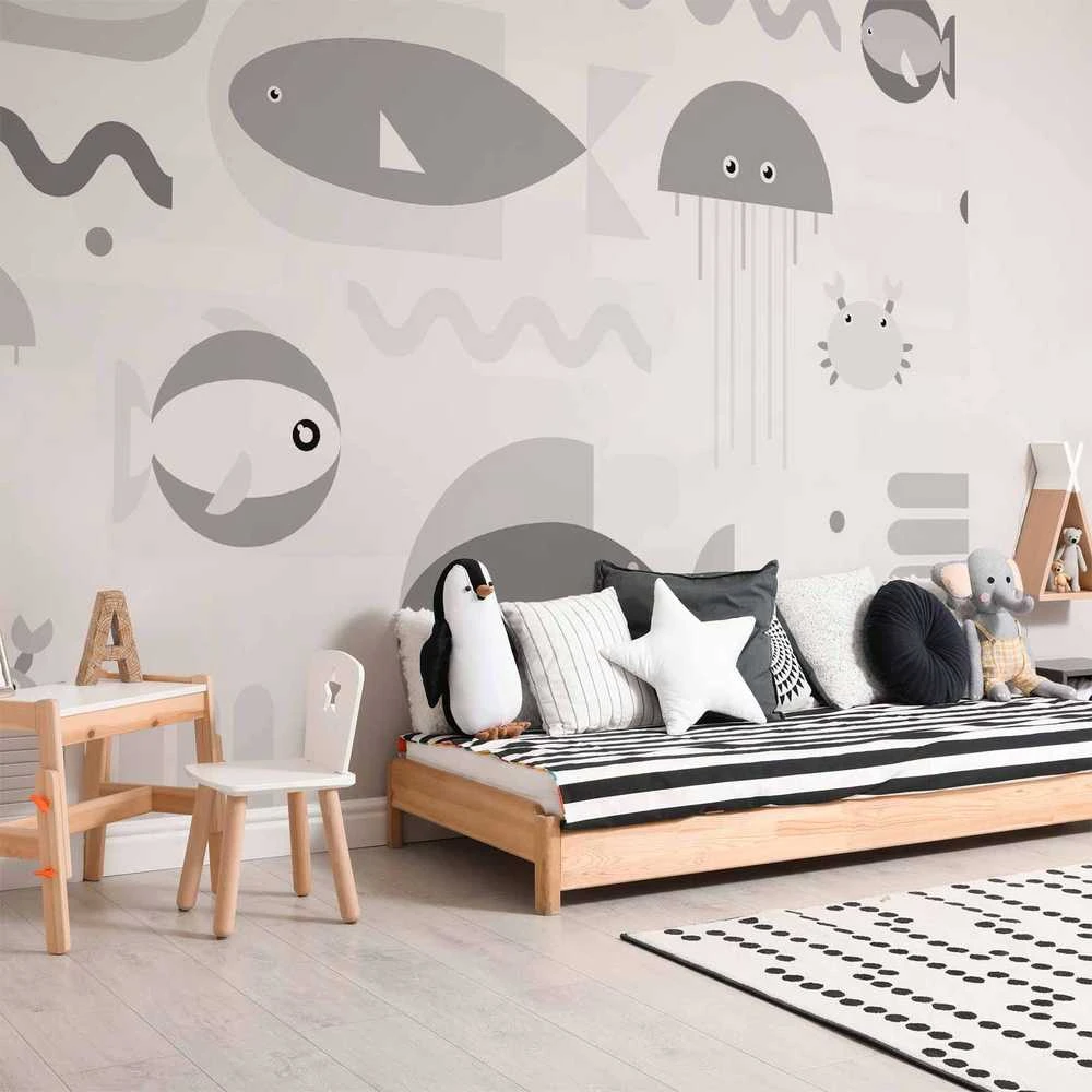 Artgeist Fototapetas - Minimalist pilkas ocean - geometric fish in water for children