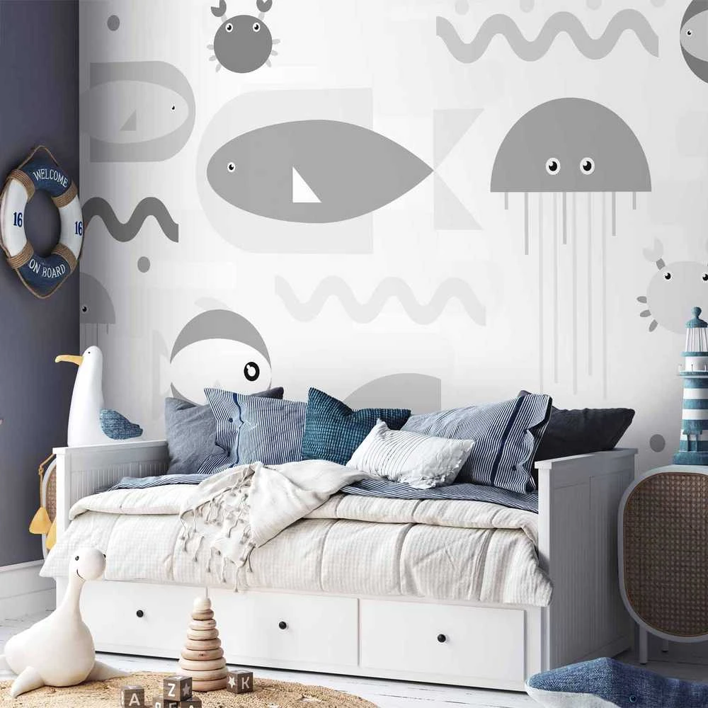 Artgeist Fototapetas - Minimalist pilkas ocean - geometric fish in water for children