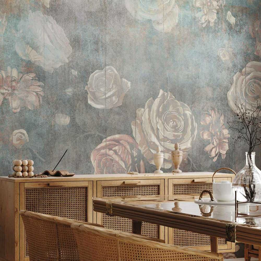 Artgeist Fototapetas - Misty nature - muted rose flowers on a background in pilkas tones