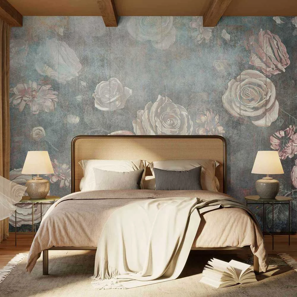 Artgeist Fototapetas - Misty nature - muted rose flowers on a background in pilkas tones