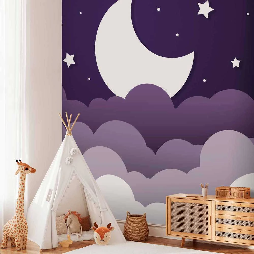 Artgeist Fototapetas - Moon dream - clouds in a violetinė sky with stars for children