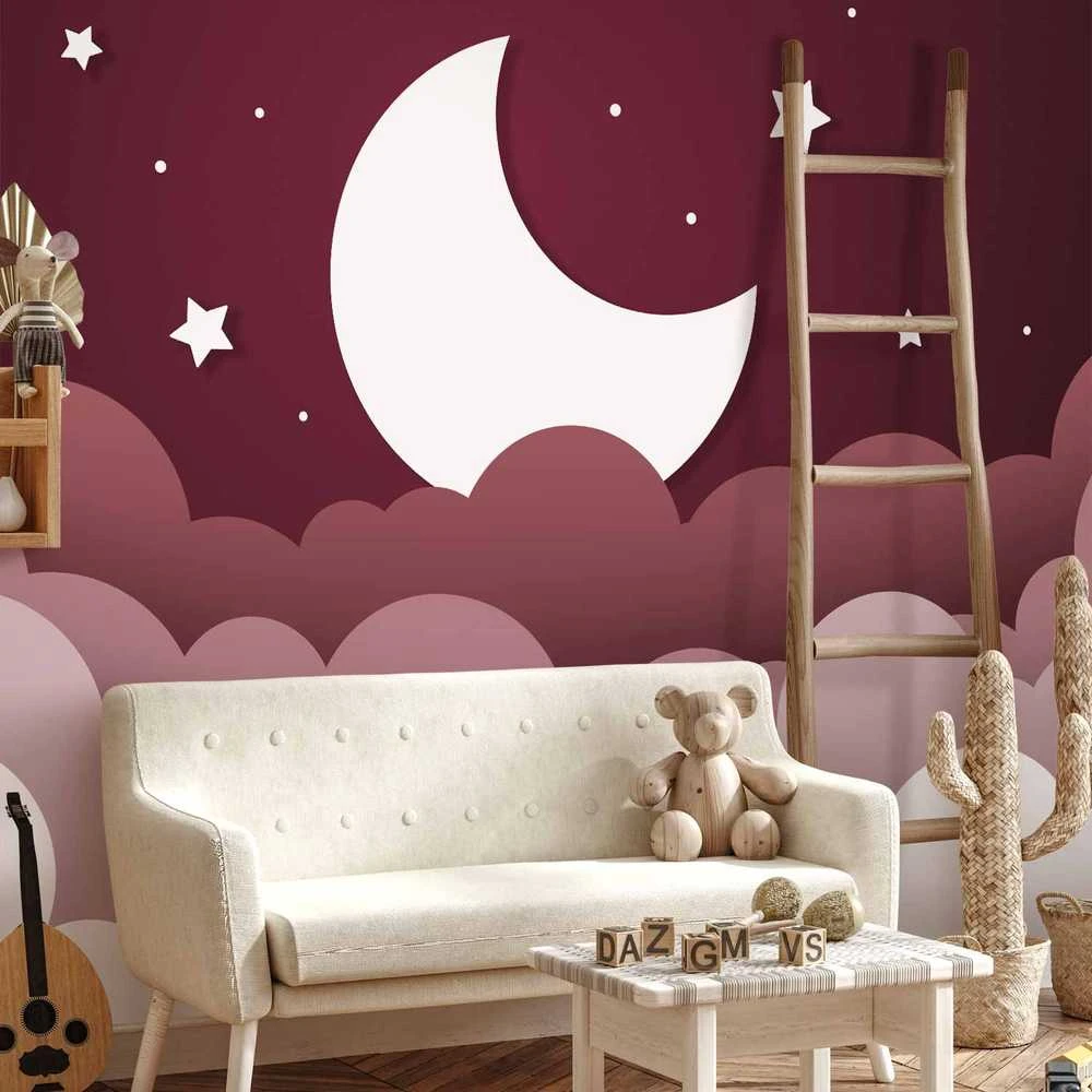 Artgeist Fototapetas - Moon dream - clouds in a maroon sky with stars for children