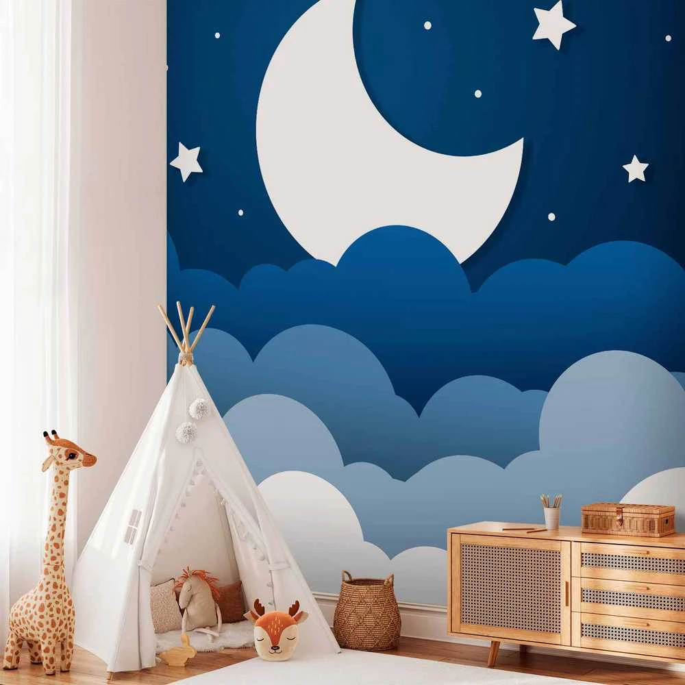 Artgeist Fototapetas - Moon dream - clouds on a dark mėlynas sky with stars for children