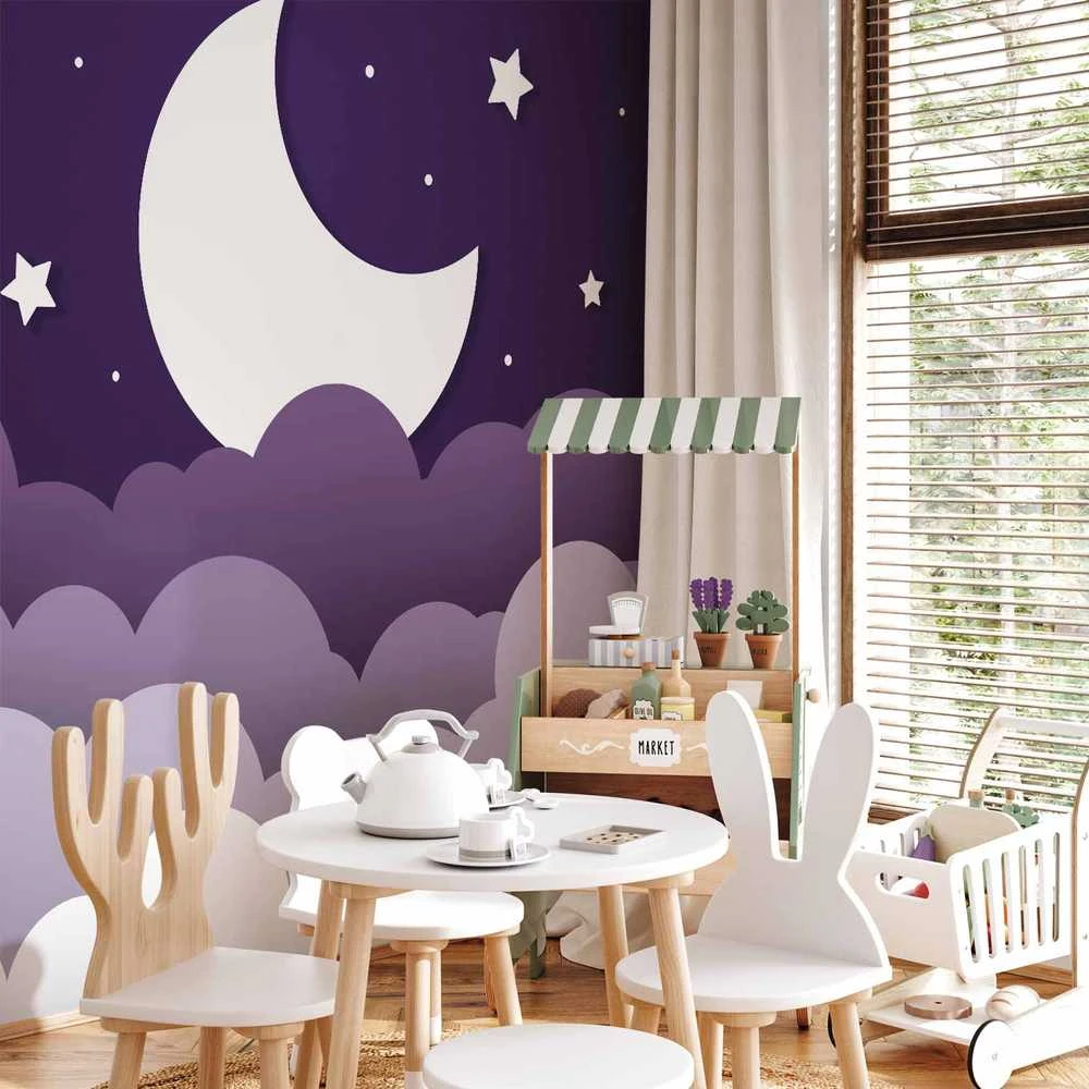 Artgeist Fototapetas - Moon dream - clouds in a violetinė sky with stars for children