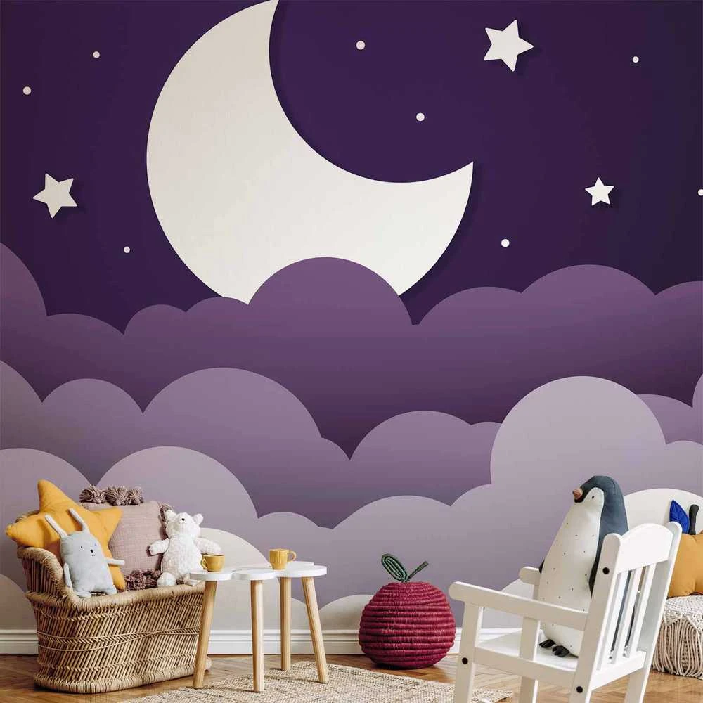 Artgeist Fototapetas - Moon dream - clouds in a violetinė sky with stars for children