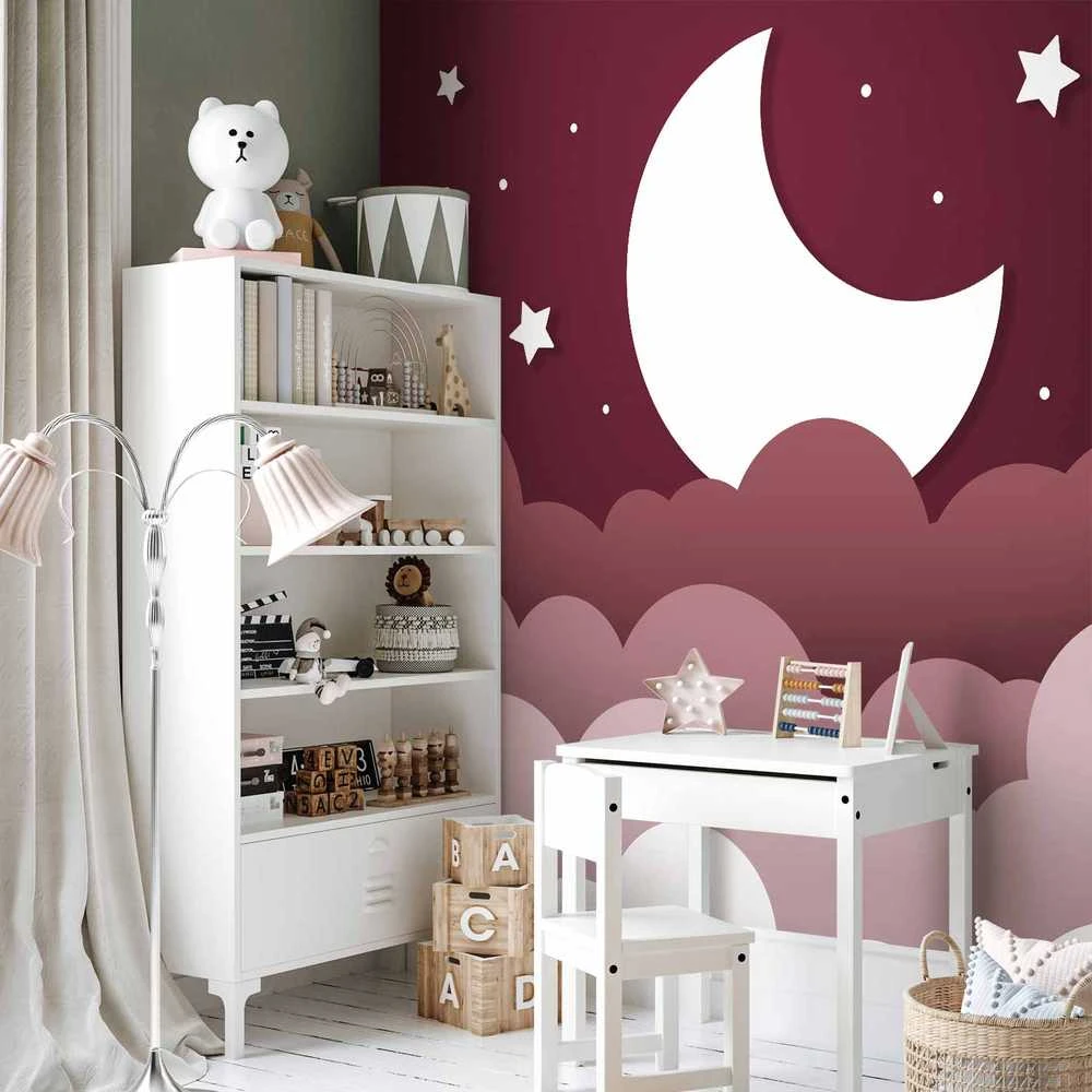 Artgeist Fototapetas - Moon dream - clouds in a maroon sky with stars for children
