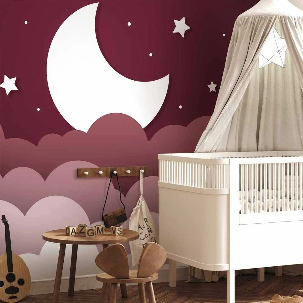 Artgeist Fototapetas - Moon dream - clouds in a maroon sky with stars for children