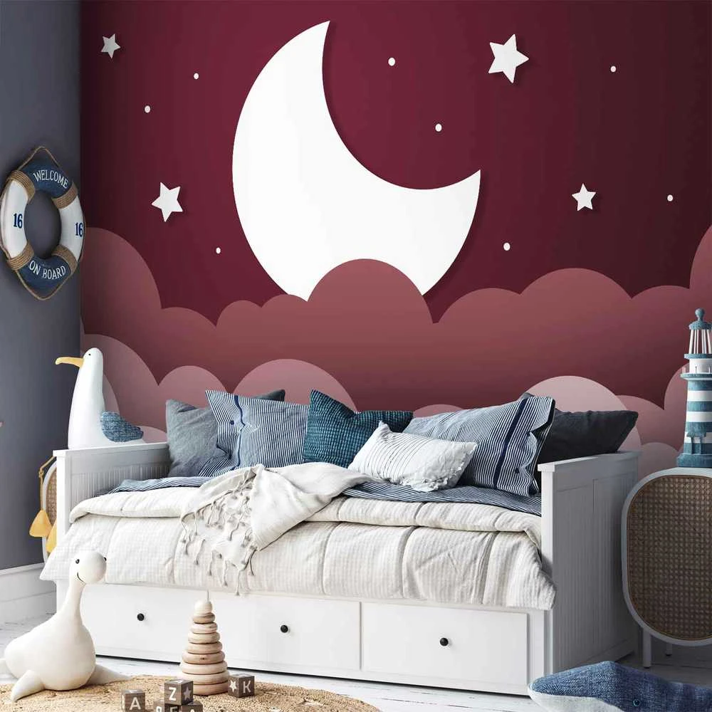 Artgeist Fototapetas - Moon dream - clouds in a maroon sky with stars for children