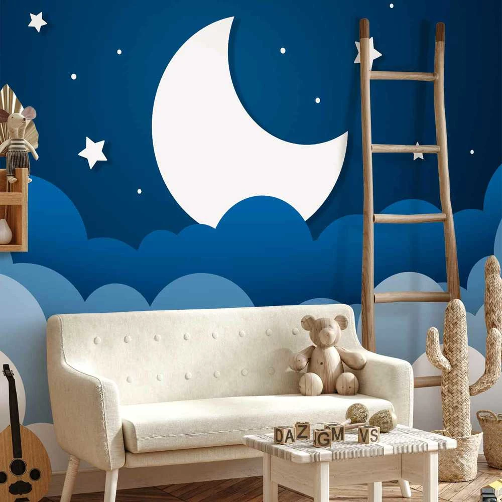 Artgeist Fototapetas - Moon dream - clouds on a dark mėlynas sky with stars for children