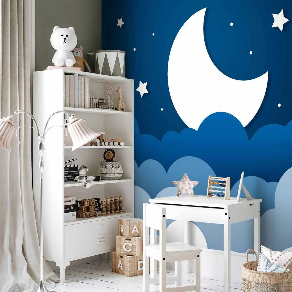 Artgeist Fototapetas - Moon dream - clouds on a dark mėlynas sky with stars for children