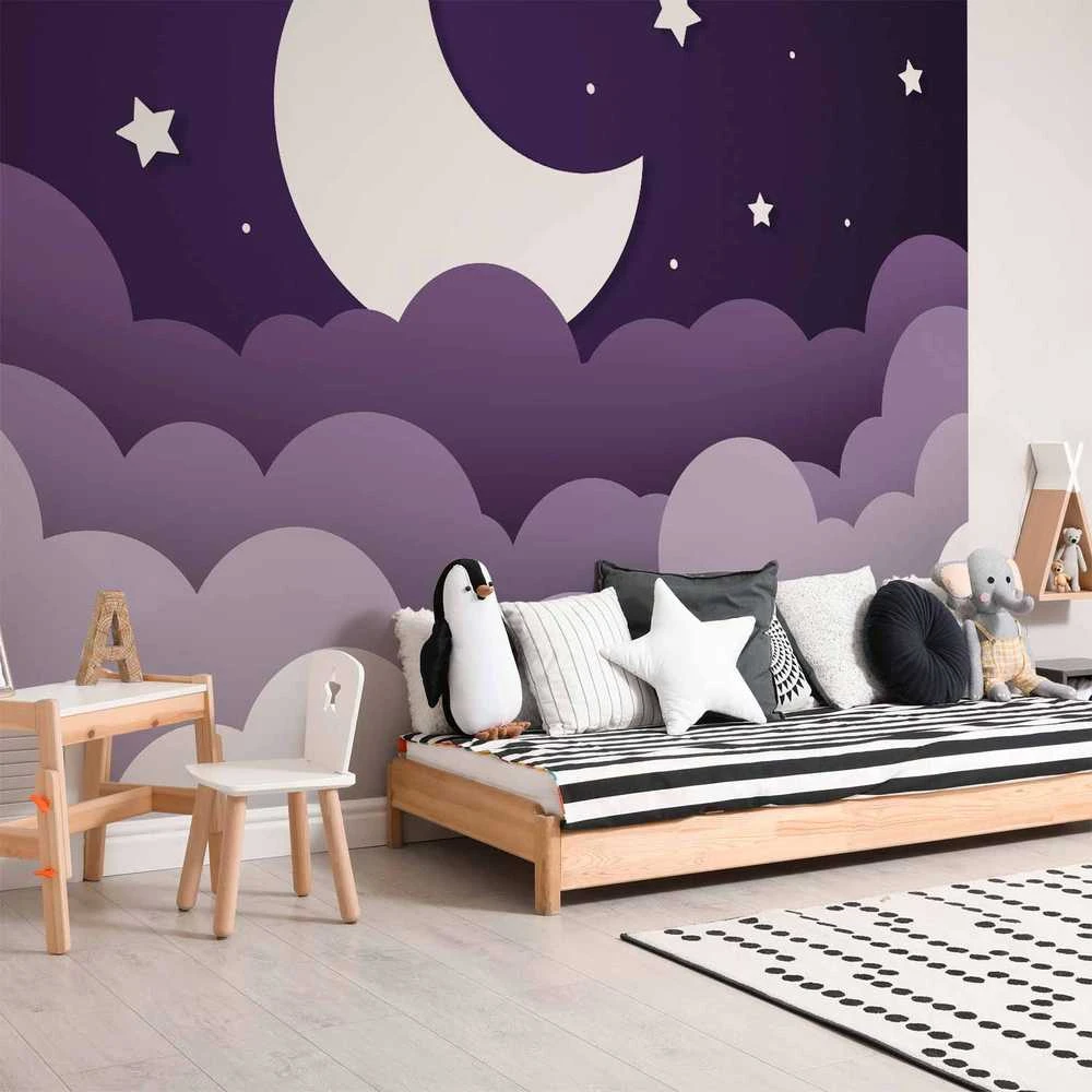 Artgeist Fototapetas - Moon dream - clouds in a violetinė sky with stars for children