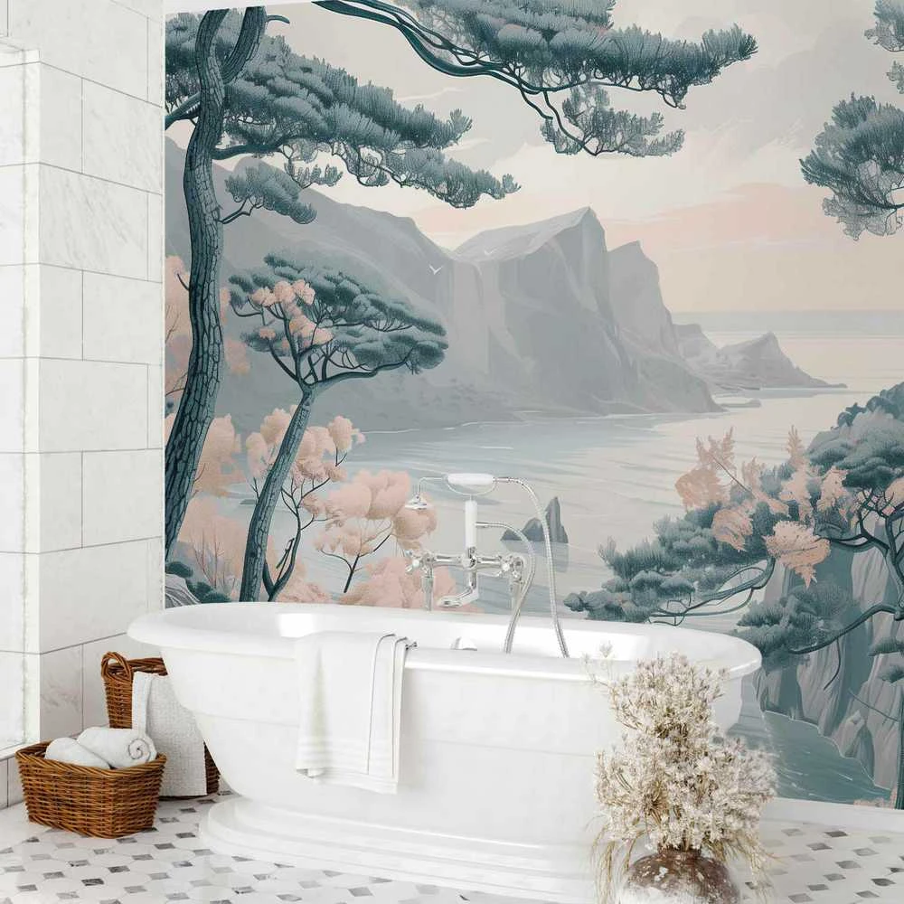Artgeist Fototapetas - Mountainous Coast with Trees and Rocks in Light Pastel Blues