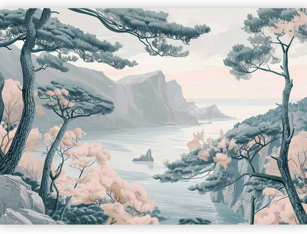 Artgeist Fototapetas - Mountainous Coast with Trees and Rocks in Light Pastel Blues
