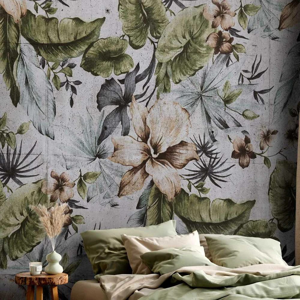 Artgeist Fototapetas - Nature in retro style - jungle landscape with pale leaves and flowers