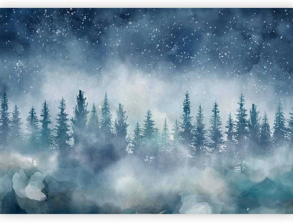 Artgeist Fototapetas - Night landscape - landscape of a misty forest at night with a starry sky