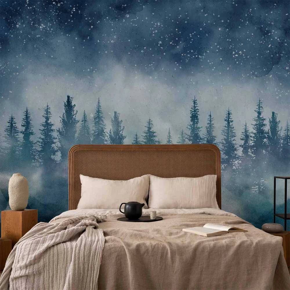 Artgeist Fototapetas - Night landscape - landscape of a misty forest at night with a starry sky