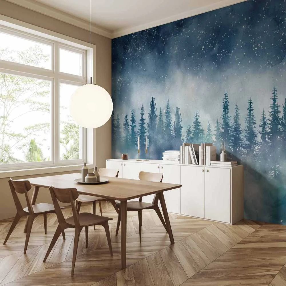 Artgeist Fototapetas - Night landscape - landscape of a misty forest at night with a starry sky