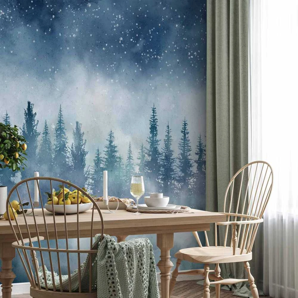 Artgeist Fototapetas - Night landscape - landscape of a misty forest at night with a starry sky