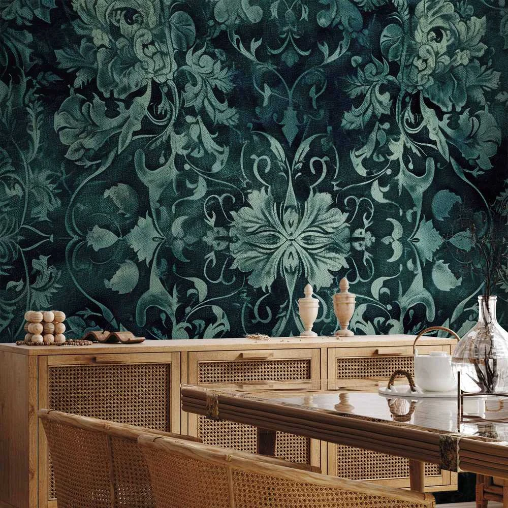 Artgeist Fototapetas - Oriental Pattern Carpet: Emerald Ornaments and Worn Patterns